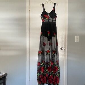 Elegant Black Maxi Dress with Red Floral Pattern